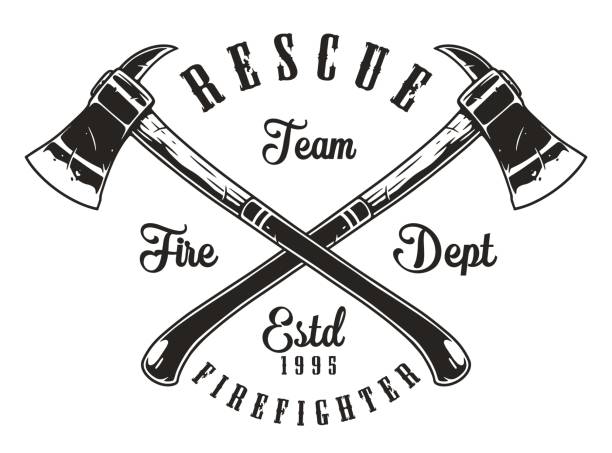 Firefighter axes vintage poster monochrome with two crossed hatchets for rescuers fighting forest fires in grunge style vector illustration