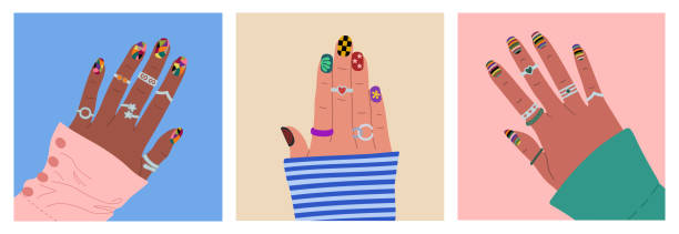 istock Set of diverse female hands with colored manicure and rings. 2154918543