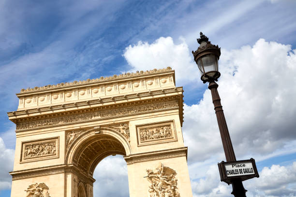 Paris, France -- August 20, 2014: The iconic monument: Arc de Triumph at the western end of the Champs -Élysee at the center of Place Charles de Gaulle. Construction of the Arc de Triumph was begun in 1806, but was not completed until 1836.
