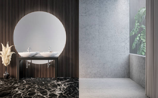 istock Empty elegant luxury bathroom interior with dark hardwood paneled wall background, a round mirror and two washbasin countertops, with decoration 2154925244