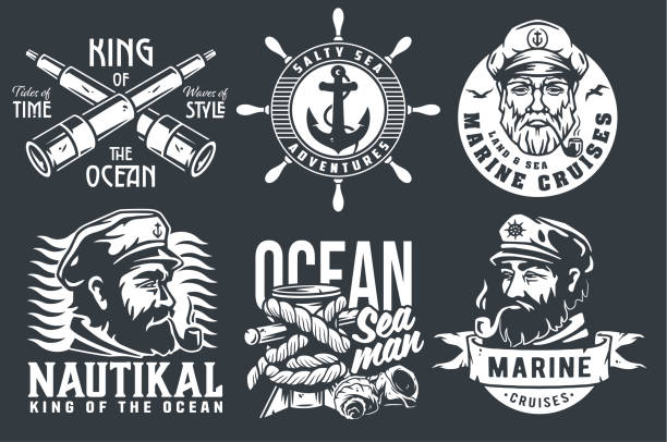 Collection of stylized nautical emblems featuring maritime symbols, sailor portraits, and ocean adventure text in monochrome.