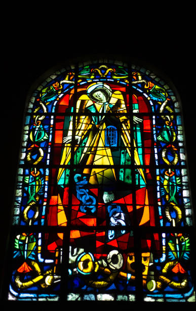 Colorful Archangel Gabriel Stained Glass Basilica Cathedral Puebla Mexico. Built in 15 to 1600s. Gabriel is Guardian Angel of Israel