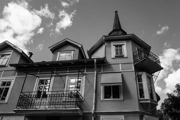 Low angle view of a building in black and white