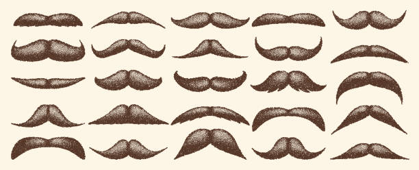 Brown stippled vintage mustache. Curly facial hair. Hipster beard. Stippling, dot drawing and shading, stipple pattern, halftone effect. Vector illustration.