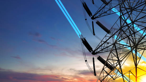 istock High-voltage power line tower with glowing wires 2154947793