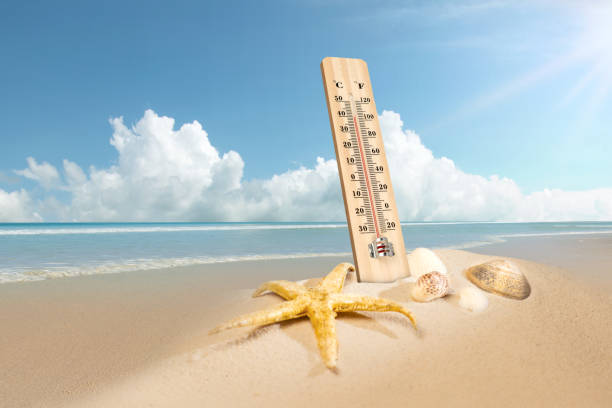 istock Thermometer with hot temperature on the beach 2154947941