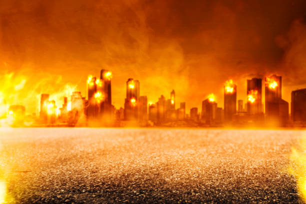 istock Image of demolished city in  from military aggression at night with fire. 2154948232