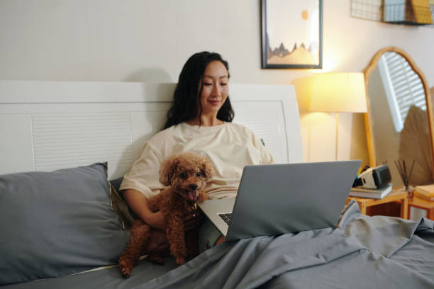 istock Woman with Dong Working in Bed 2154949906