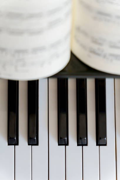 top view of the keys of a piano with a score on them