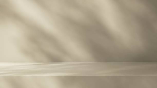 istock Blank beige brown countertop podium counter, soft beautiful dappled sunlight, leaf shadow on wall 2154951561