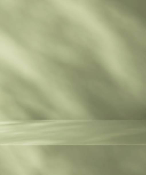 istock Blank green countertop podium counter, soft beautiful dappled sunlight, leaf shadow on wall 2154951579