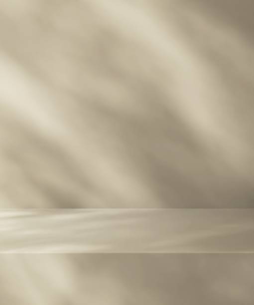 istock Blank beige brown countertop podium counter, soft beautiful dappled sunlight, leaf shadow on wall 2154952406