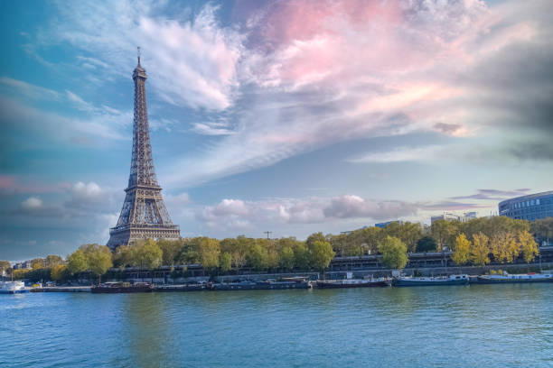 Paris, the Bir-Hakeim bridge on the Seine, with the Eiffel Tower in autumn