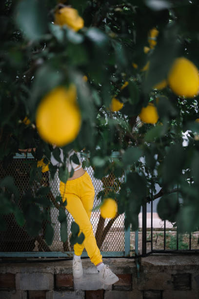 istock Young woman in yellow pants standing under lemon tree 2154965283
