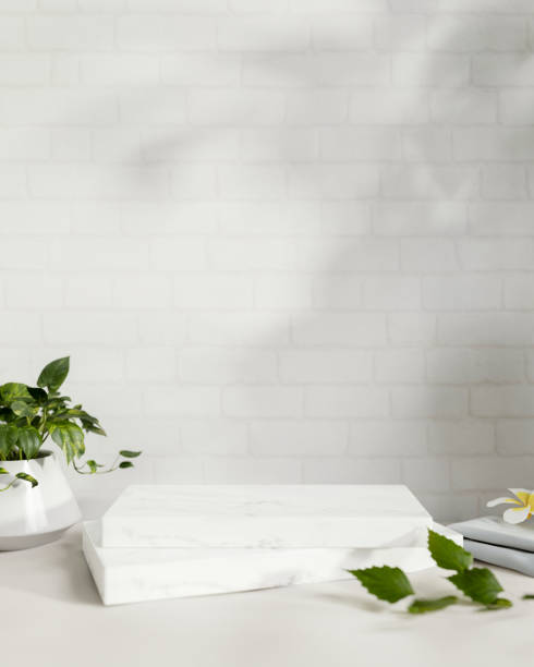 istock A white marble rectangular stone pedestal is on a table with plants against the white brick wall. 2154966777