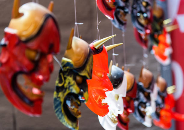 Group of Japanese masks are displayed