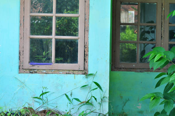A close-up view of an old tropical-style building exterior featuring a faded red wooden window with louvered shutters. The concrete walls show signs of weathering, with patches of moss, algae, and peeling paint in shades of grey and white. The structure appears abandoned or aged, evoking a sense of rustic decay in a coastal or urban setting. No people are present. This image suits commercial uses in travel articles on historic architecture, lifestyle features on renovation projects, or editorial content about urban preservation and tropical environments. It can illustrate themes of timeworn structures in regions like the Caribbean or Southeast Asia, ideal for book covers, websites, or magazines focusing on architecture and decay.