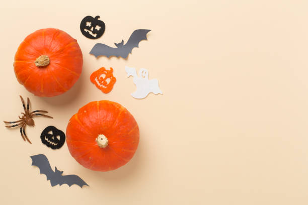 istock Halloween decoration and pumpkins on color background, top view 2154972222