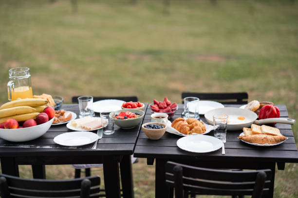 Breakfast food ready to eat on the table at the terrace