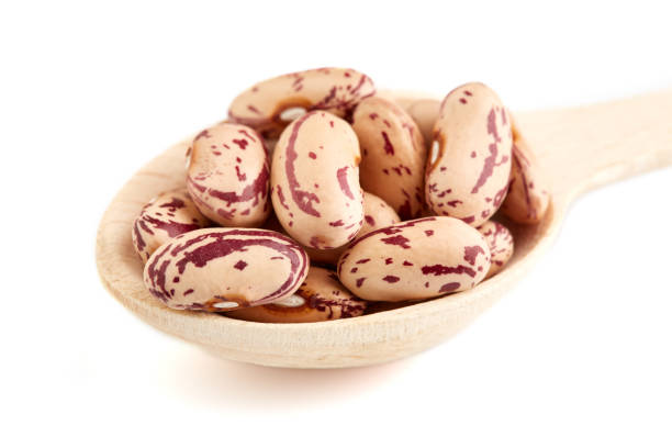Light spotted kidney bean isolated on white background. Light kidney bean texture background. A large bean with a subtle sweet flavor and soft texture. Beans. Proper nutrition. Vitamins. Healthy food.