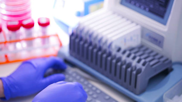 istock Preparation for sending test tubes by working with medical machine 2154978423