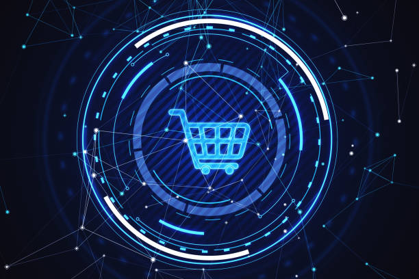 istock Digital shopping cart icon integrated into a futuristic circuit pattern on a dark blue background, concept of online shopping. 3D Rendering 2154979135