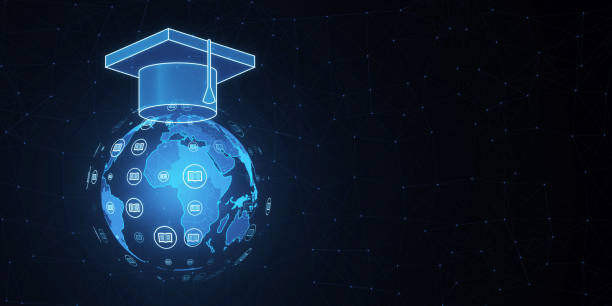 istock A digital illustration of a graduation cap on a glowing globe with icons, on a network-style dark blue background, concept of global education. 3D Rendering 2154979144
