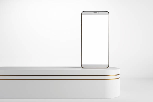 istock Modern smartphone with blank screen on a white platform, minimalist style, clean background, concept of technology and design. 3D Rendering 2154981259