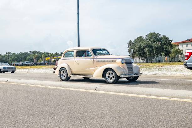 Gulfport, MS - October 05, 2023: Wide angle front corner view of a 1938 Chevrolet Master Deluxe 2 Door Sedan at a local car show.
