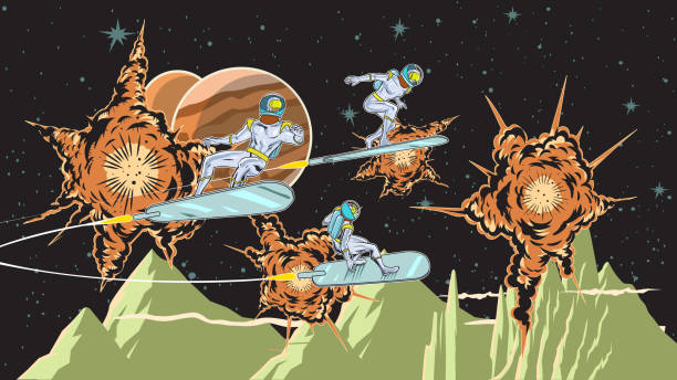 A retro style pop art vector illustration of three spacemen superheroes surfing with futuristic board in outer space with explosions in the background. Easy to pick and edit. Wide space available for your copy.