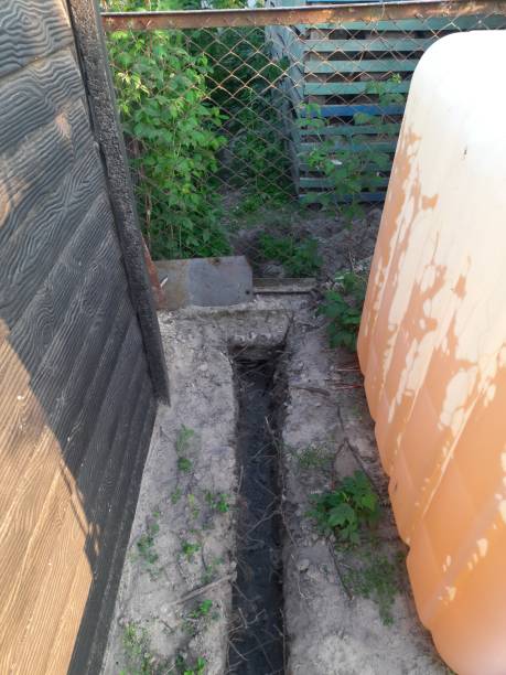 istock A trench dug in the ground for laying irrigation. 2154984363