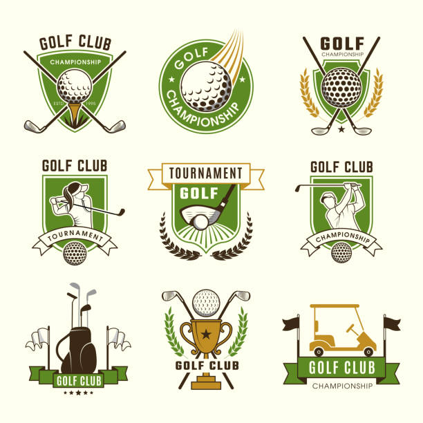 Golf club badges. Sport game golf banners with tools balls cups and sticks recent vector template of game golf, sport badge emblem, tournament element, championship recreation illustration