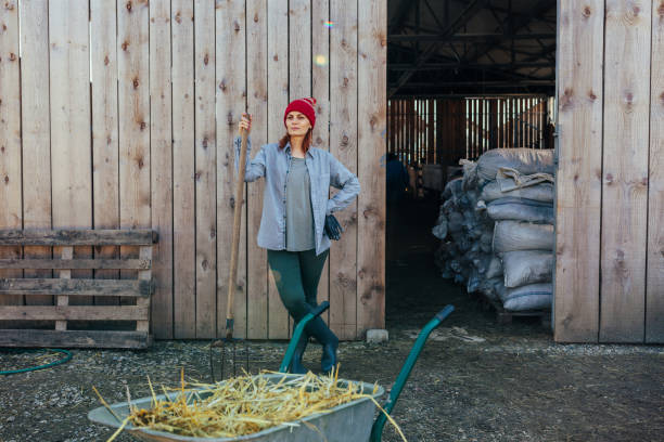 A female Caucasian young adult farmer is standing at the door of a barn, holding a pitchfork, hand cart in the front and looking at the camera with copy space.