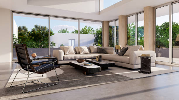 istock Large luxury modern bright interiors Living room mockup illustration 3D rendering image 2154990133