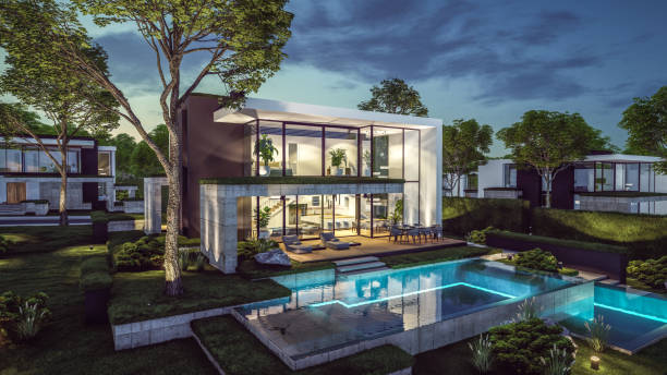 istock 3d rendering of modern house in luxurious style in night 2154990706