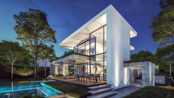istock 3d rendering of modern house in luxurious style in night 2154990716