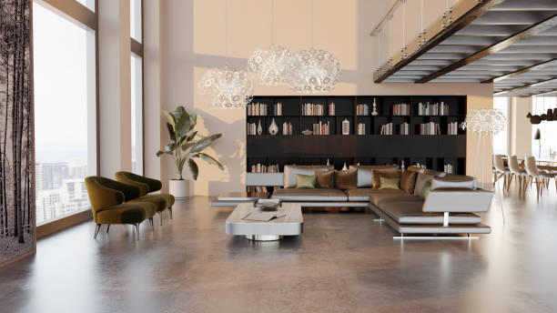 istock Large luxury modern bright interiors Living room mockup illustration 3D rendering image 2154990915