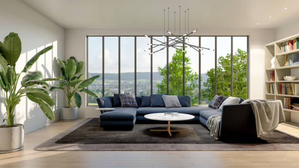 istock Large luxury modern bright interiors Living room mockup illustration 3D rendering image 2154991305