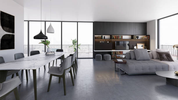 istock Large luxury modern bright interiors Living room mockup illustration 3D rendering image 2154991475