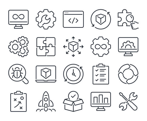 illustrazioni stock, clip art, cartoni animati e icone di tendenza di concetto di sviluppo e operazioni devops icone di contorno del tratto modificabile set isolato su sfondo bianco illustrazione vettoriale piatta. pixel perfetto. visualizzazione del materiale 64 x 64 - ordine