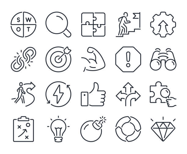 ilustraciones, imágenes clip art, dibujos animados e iconos de stock de análisis dafo de fortalezas, debilidades, oportunidades y amenazas iconos editables de contorno de trazo establecidos aislados sobre fondo blanco ilustración vectorial plana. píxel perfecto. 64 x 64 - fragilidad