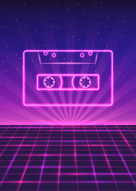 istock Neon retro poster with audio cassette 80s style. Futuristic background with 2154995710