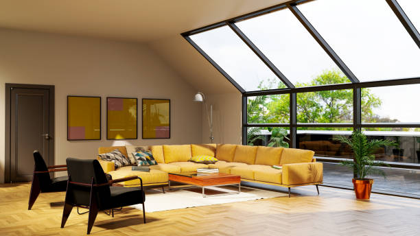 istock Large luxury modern bright interiors Living room mockup illustration 3D rendering image 2154998438