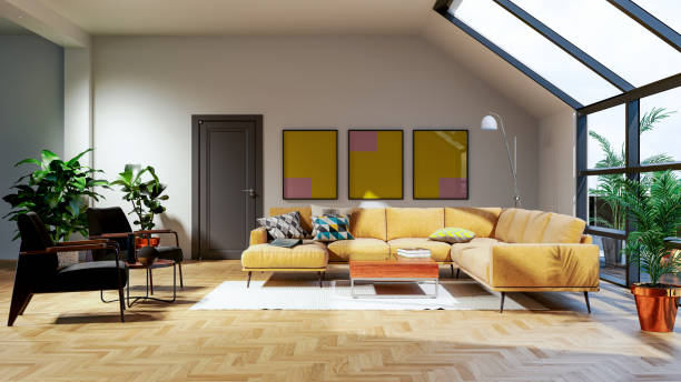 istock Large luxury modern bright interiors Living room mockup illustration 3D rendering image 2154998484