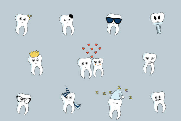 Set of vector cartoon tooth emoticons Set of vector cartoon tooth emoticons cute cartoon dental implants stock illustrations