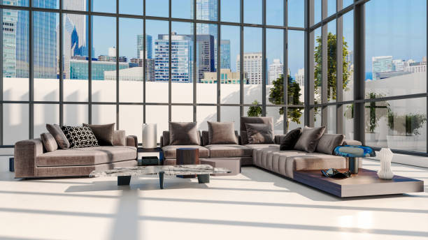 istock Large luxury modern bright interiors Living room mockup illustration 3D rendering image 2154999732