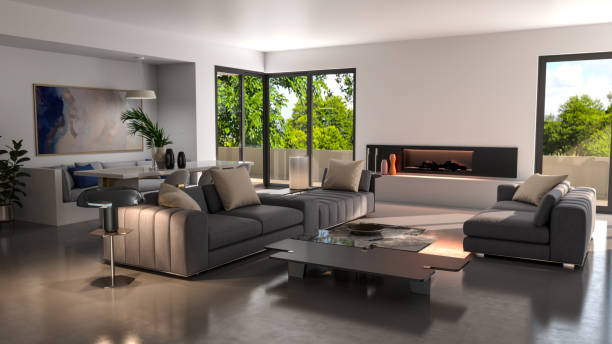 istock Large luxury modern bright interiors Living room mockup illustration 3D rendering image 2155000250