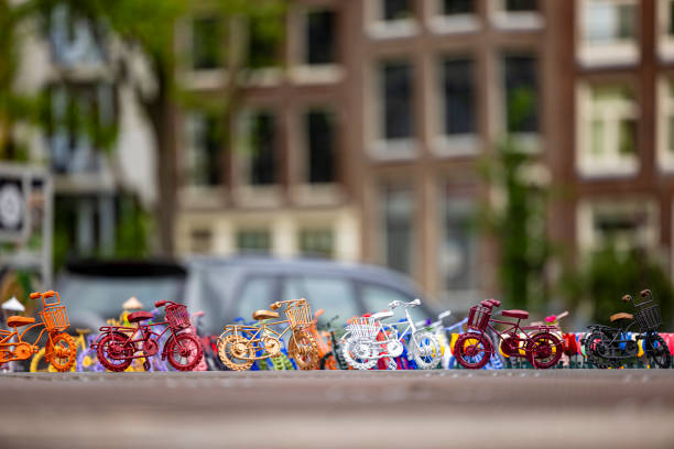 Close-up of handcrafted wooden miniature bicycles