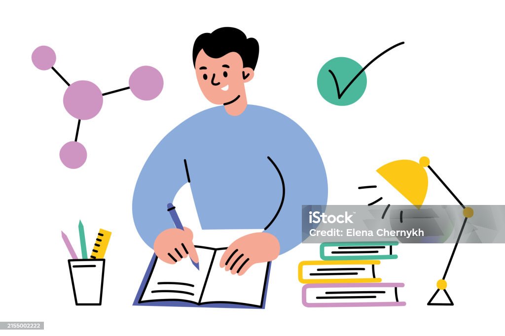 Homework Text Cartoon Vector Illustration Of A Student Doing Homework Writing In A Notebook ...