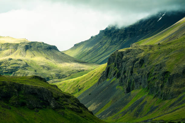 Scenic of dramatic Icelandic mountain with sunlight shining in summer at Iceland